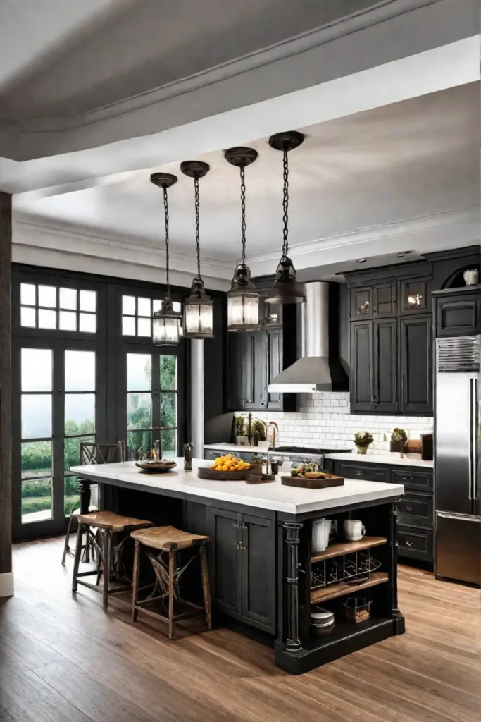 A farmhouseinspired kitchen with a kitchen island that features a painted finish