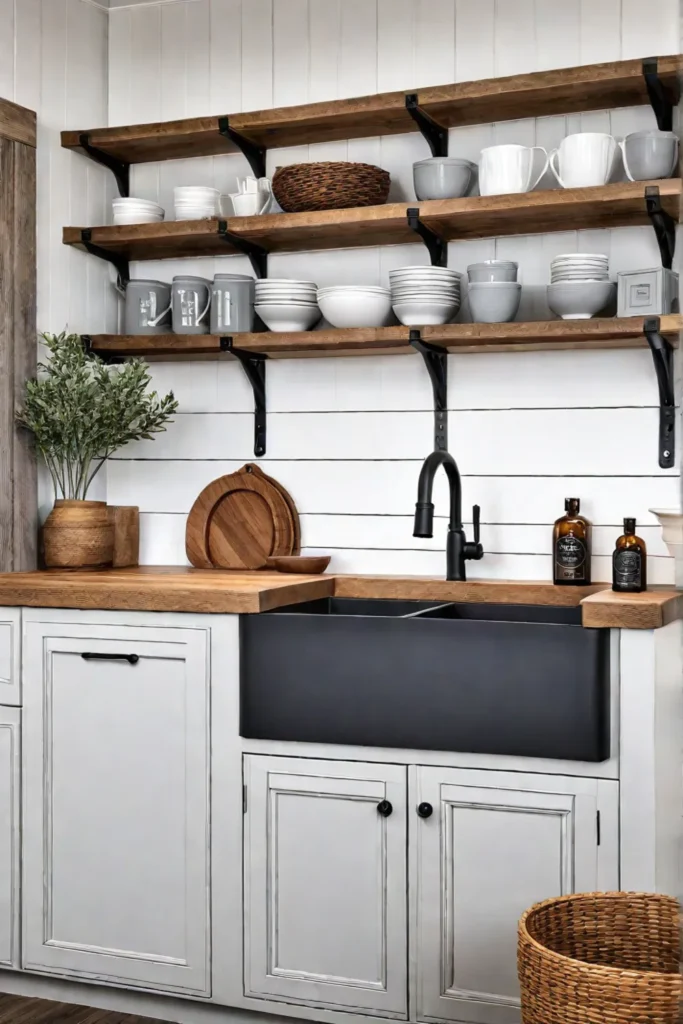 A farmhouseinspired kitchen with a large kitchen island featuring an apronfront sink