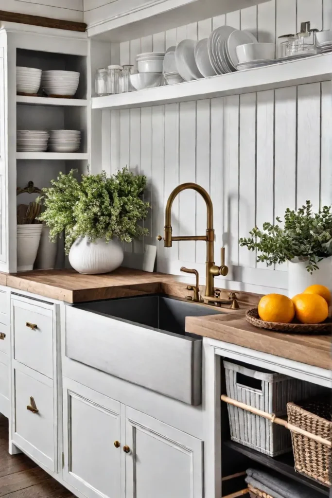 A farmhouseinspired kitchen with a shiplap accent wall a farmhouse sink with
