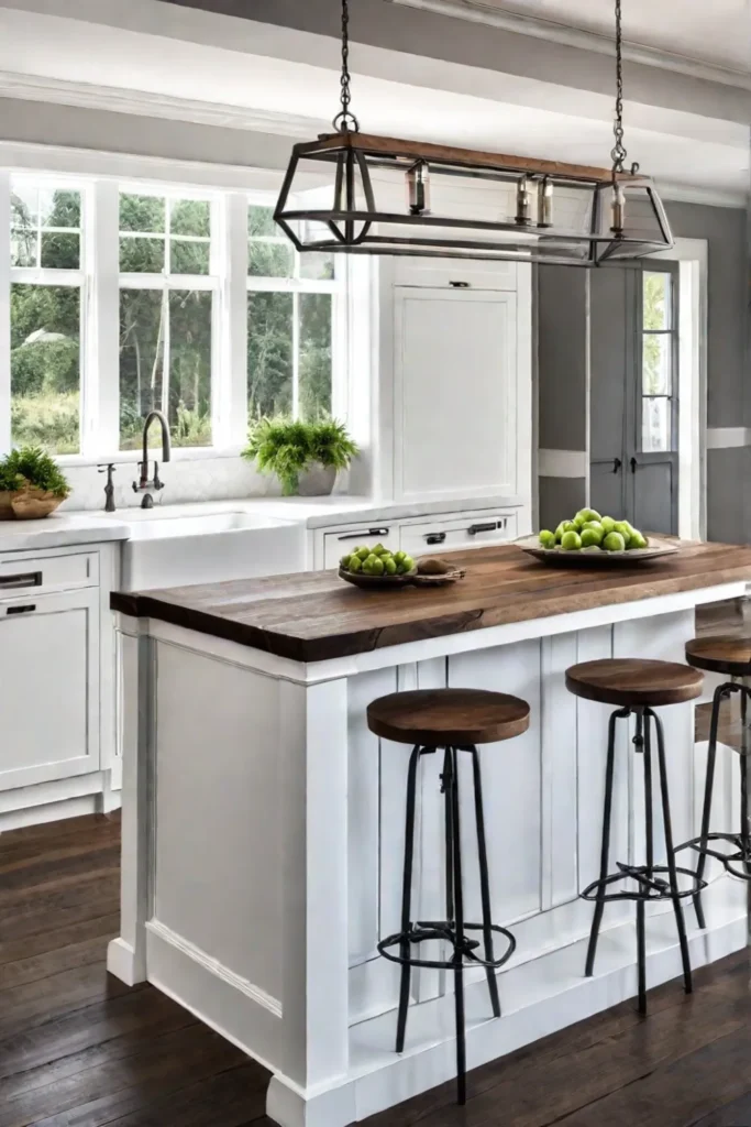 A farmhousestyle kitchen with a kitchen island that features a large apronfront