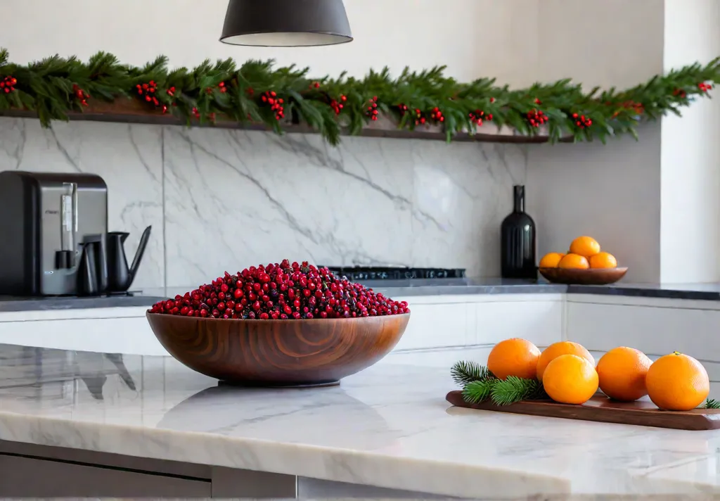 A festive kitchen countertop adorned with a garland of fresh evergreen branchesfeat