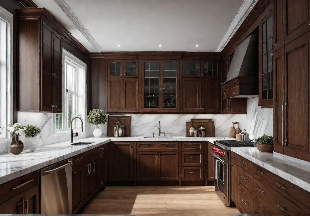 A kitchen featuring traditional wood cabinets with a rich warm finish complementedfeat