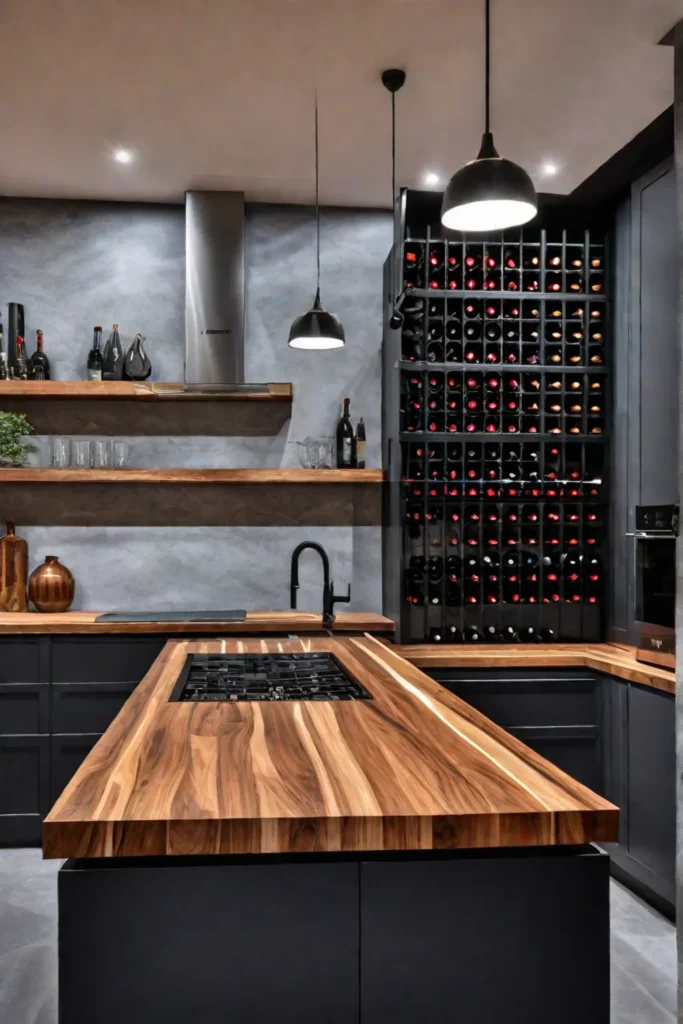 A kitchen island with a butcher block countertop and builtin wine rack
