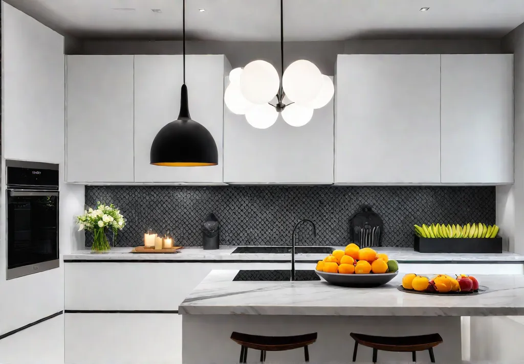 A kitchen island with a white marble countertop illuminated by three sleekfeat