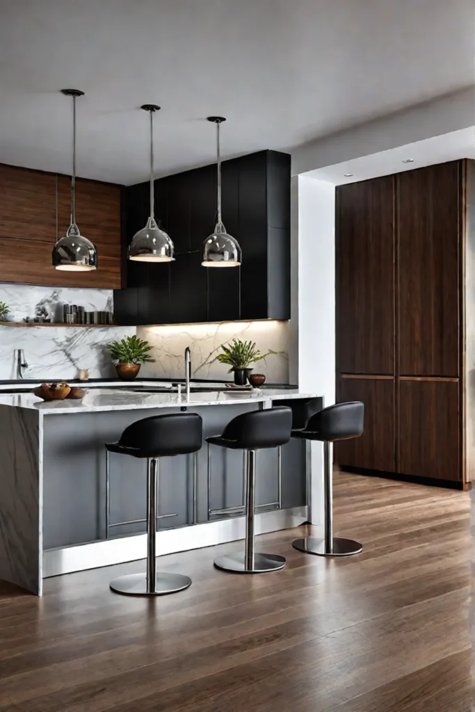 A kitchen with a mix of materials including marble wood and stainless