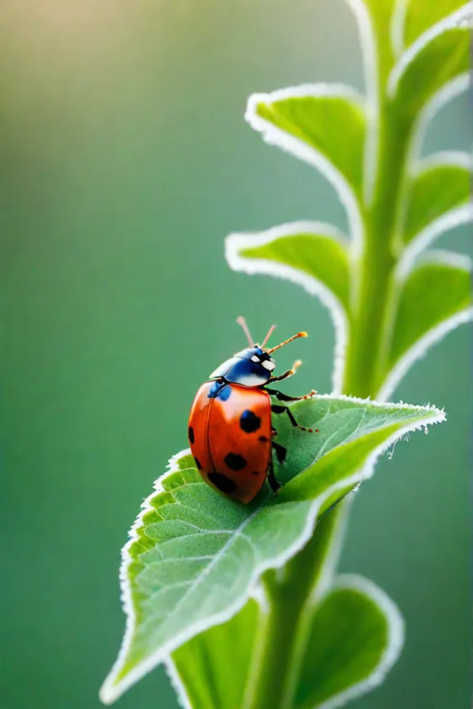 A ladybug on a bean plant representing beneficial insects in the garden