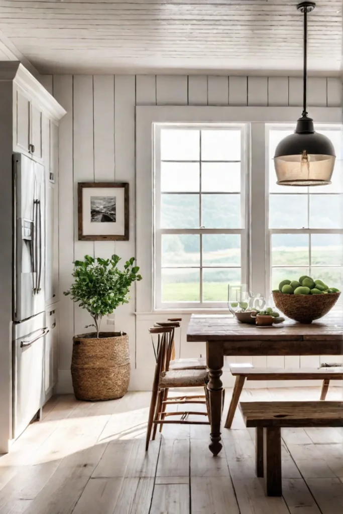 A light and inviting farmhouse kitchen with white shaker cabinets a farmhouse