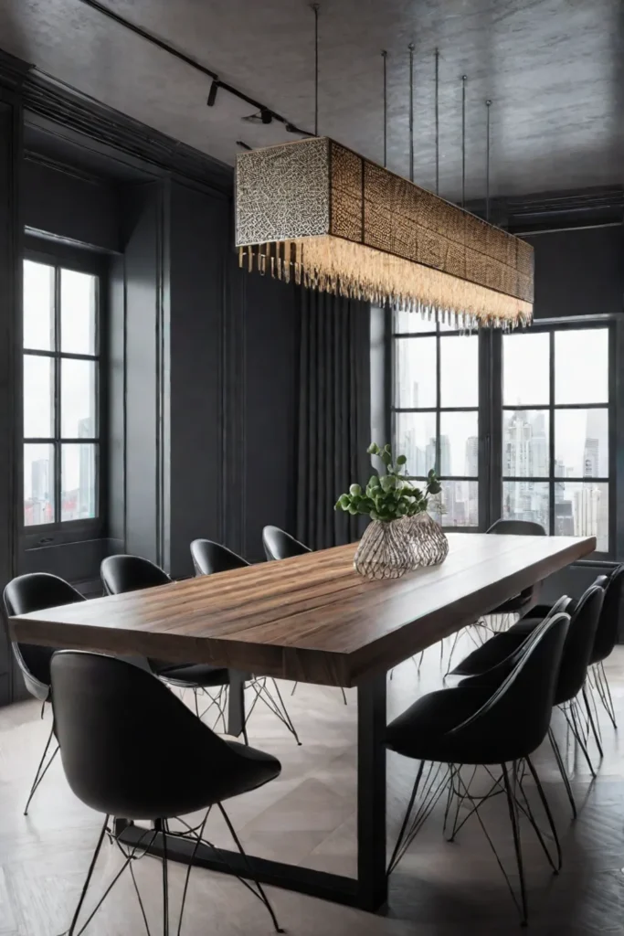 A long rectangular modern dining table with a geometric pattern on the