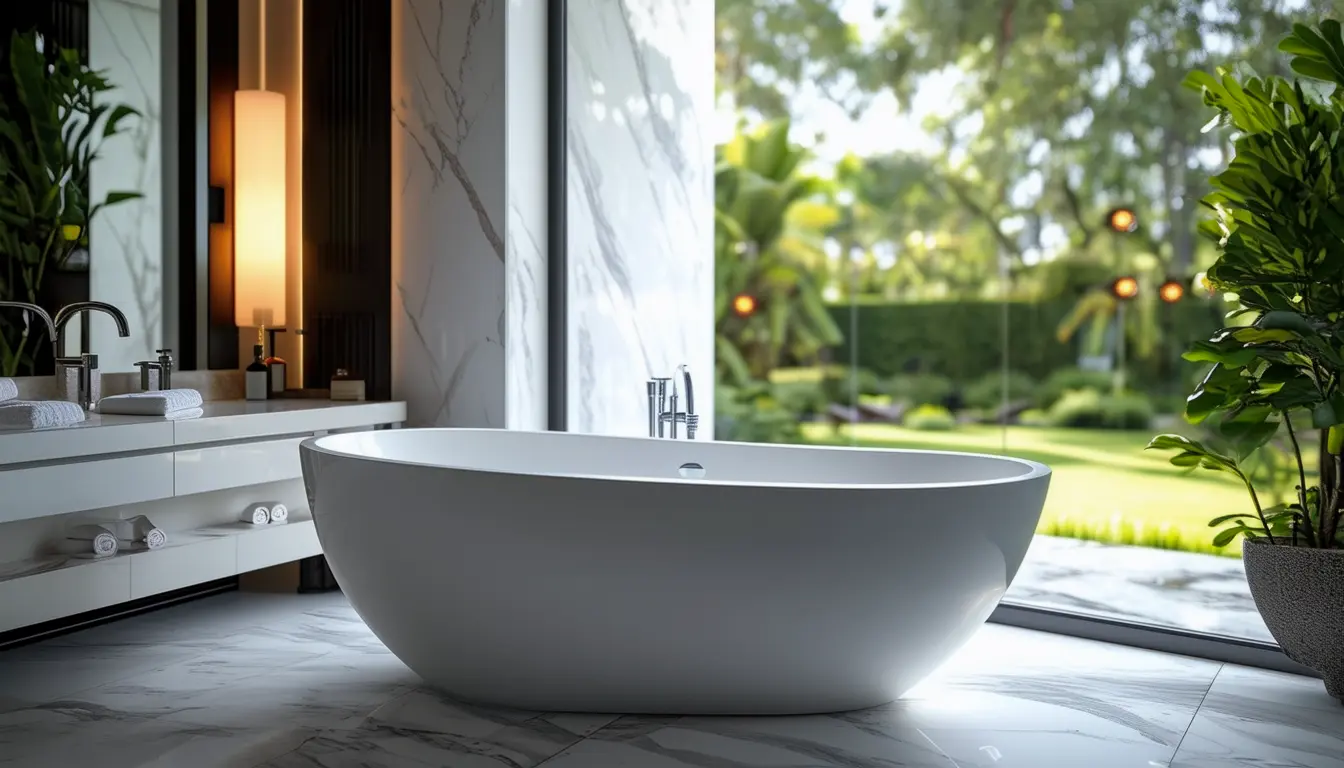 A luxurious bathroom oasis adorned with white marble walls, a freestanding soaking tub