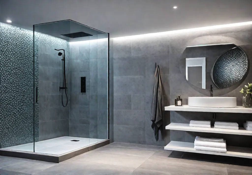 A luxurious bathroom with a flawlessly tiled walkin shower featuring intricate mosaicfeat