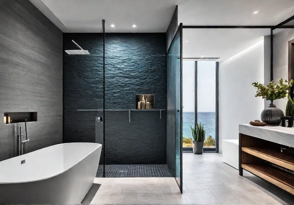 A luxurious bathroom with a spalike ambiance featuring natural stone tile flooringfeat