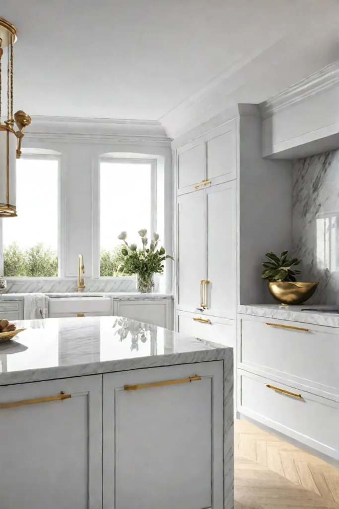 A luxurious kitchen with white marble countertops and gold accents