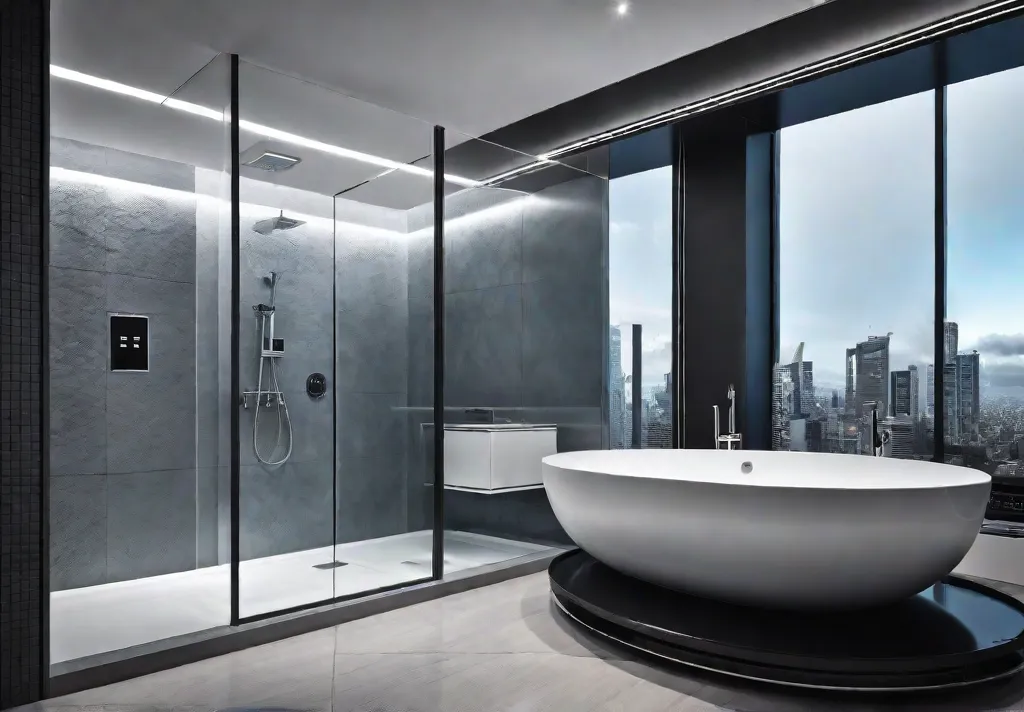 A luxurious master bathroom featuring a smart shower with chromatherapy lighting afeat