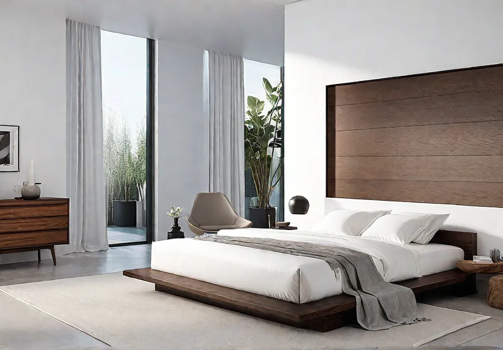 A minimalist bedroom bathed in natural light with a platform bed neutralfeat