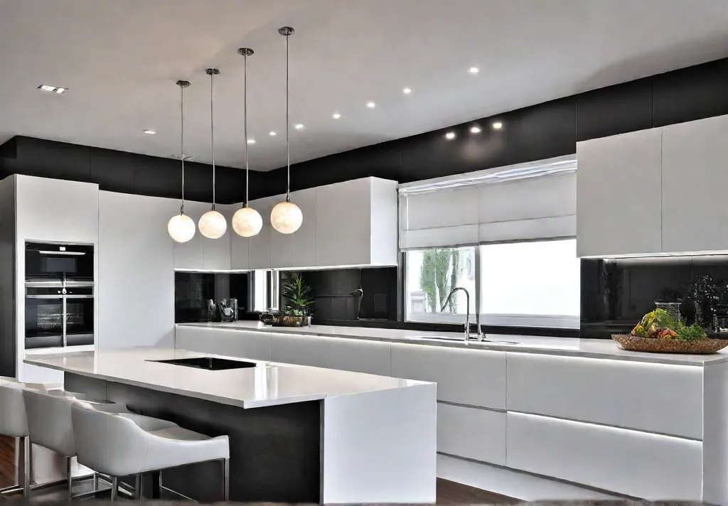 A minimalist contemporary kitchen with sleek white cabinetry a large island withfeat