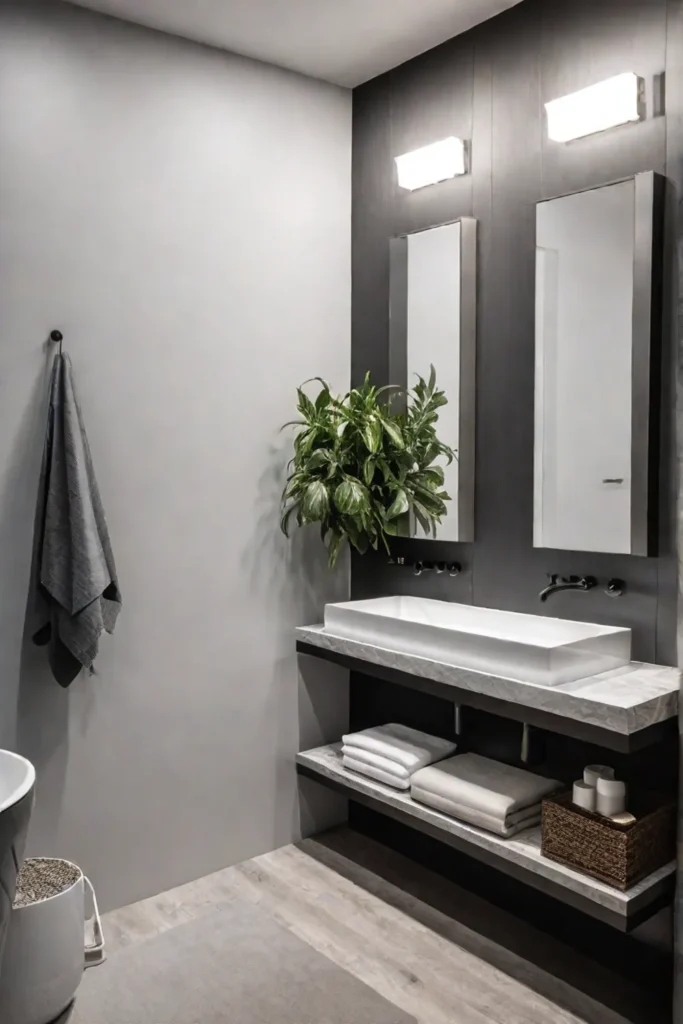 A minimalist small bathroom with a pedestal sink and open shelving