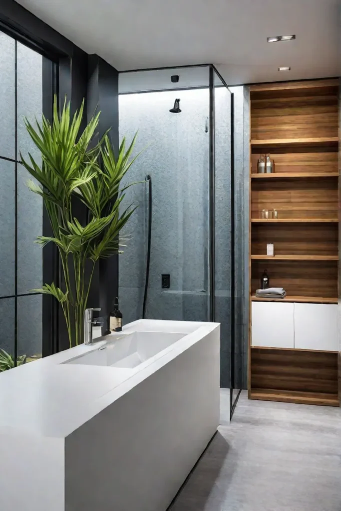 A minimalist sustainable bathroom with watersaving fixtures and natural cleaning products