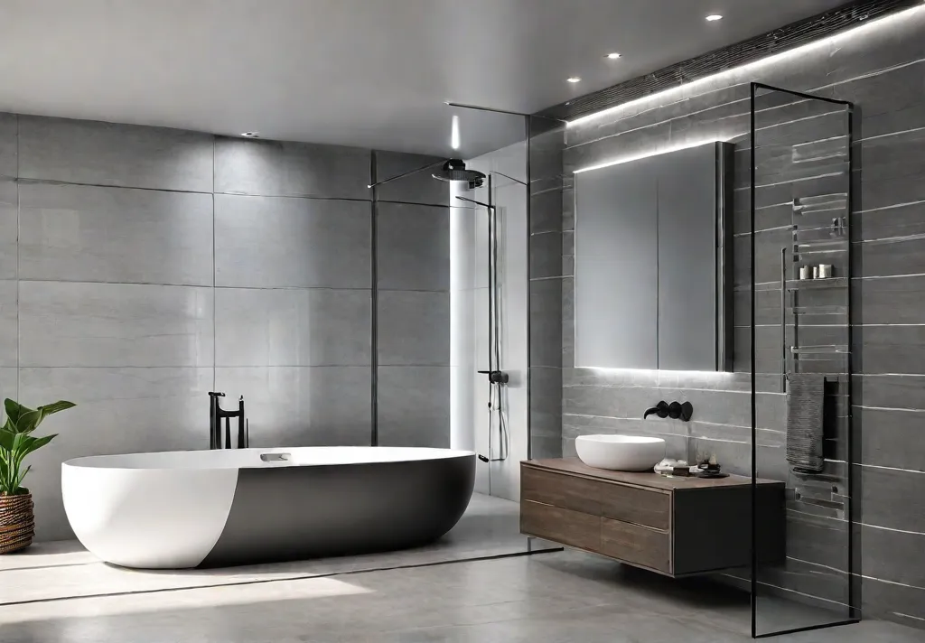 A modern bathroom shower stall adorned with sleek largeformat porcelain tiles infeat