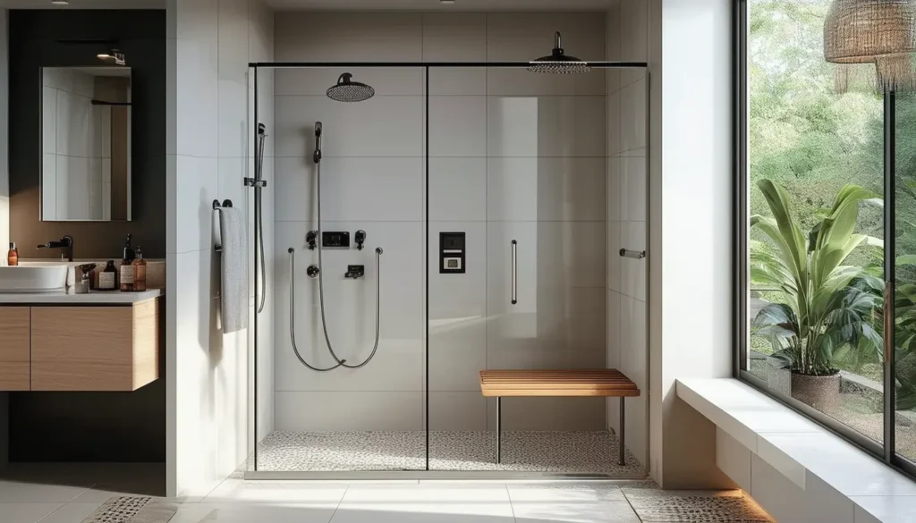 A modern bathroom with a spacious walk in shower featuring a built in bench, grab bars