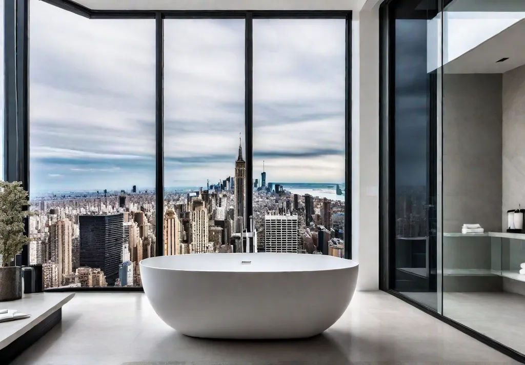 A modern bathroom with floortoceiling windows showcasing a stunning cityscape view Naturalfeat