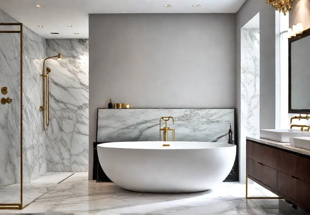 A modern bathroom with large format marble tiles on the walls andfeat