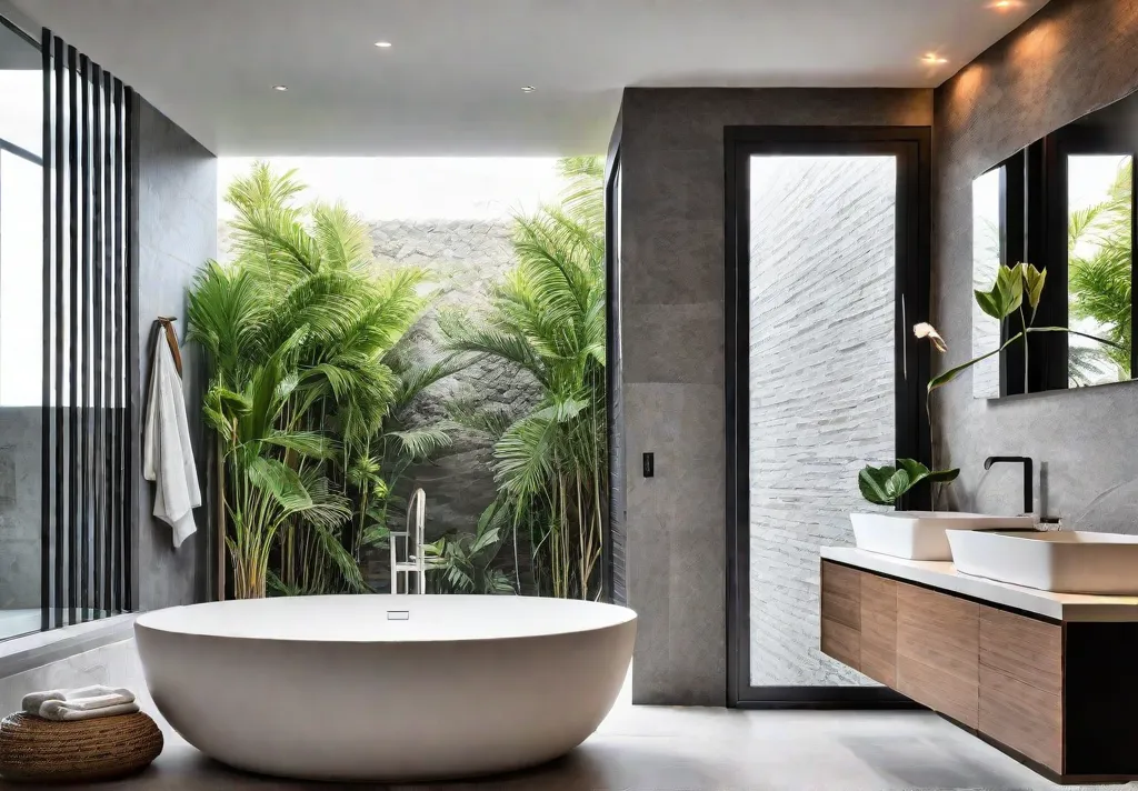 A modern bathroom with large format natural stone tiles in earthy tonesfeat