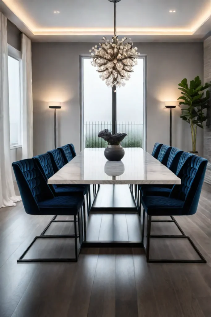 A modern dining room with a marbletopped table and highback chairs