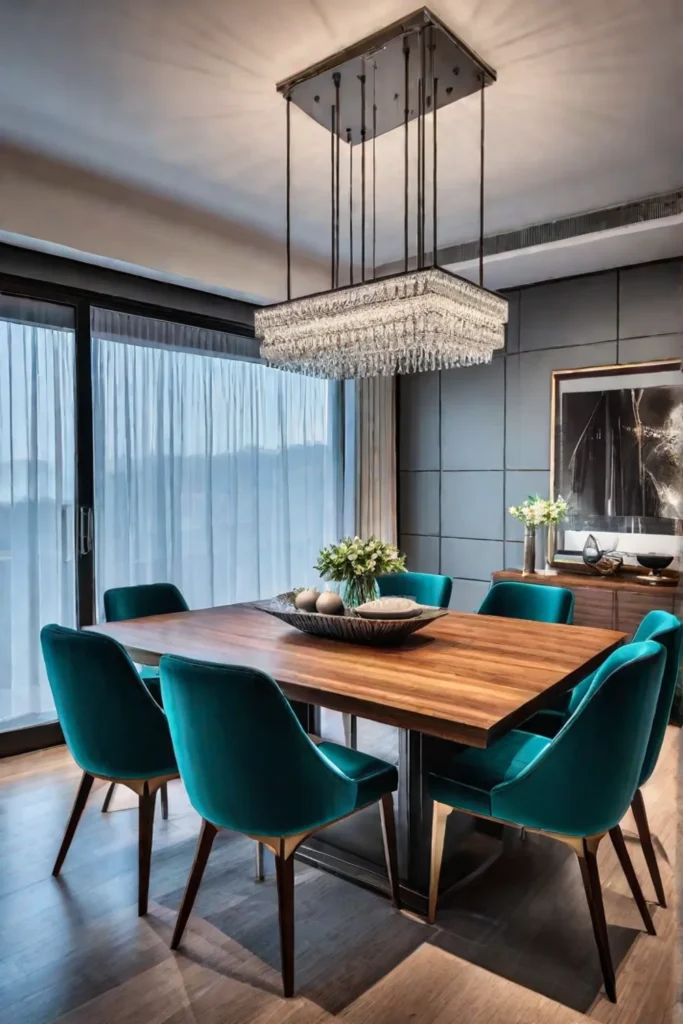 A modern dining room with a square glasstopped table and highback chairs