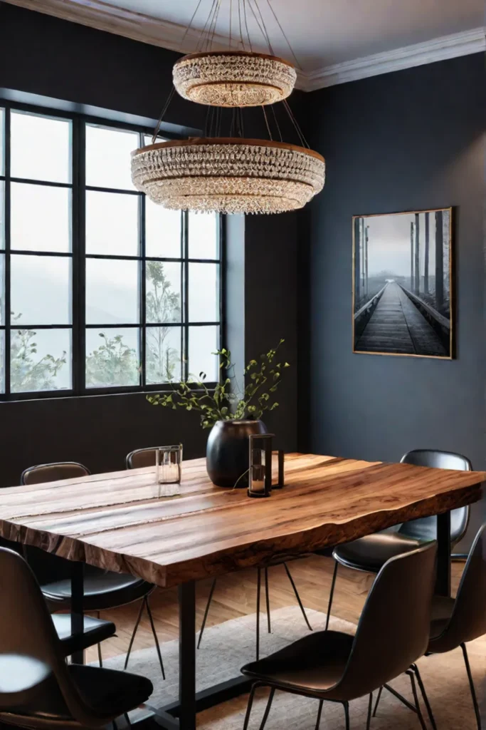 A modern dining room with a square liveedge wooden table and minimalist