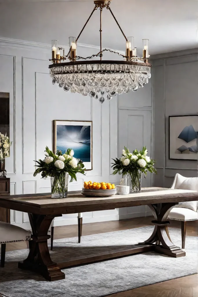A modern dining table used as a staging area for a home