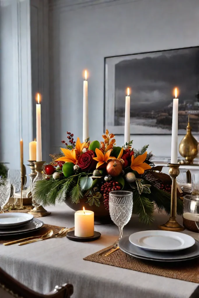 A modern dining table with a beautiful seasonal centerpiece surrounded by candles