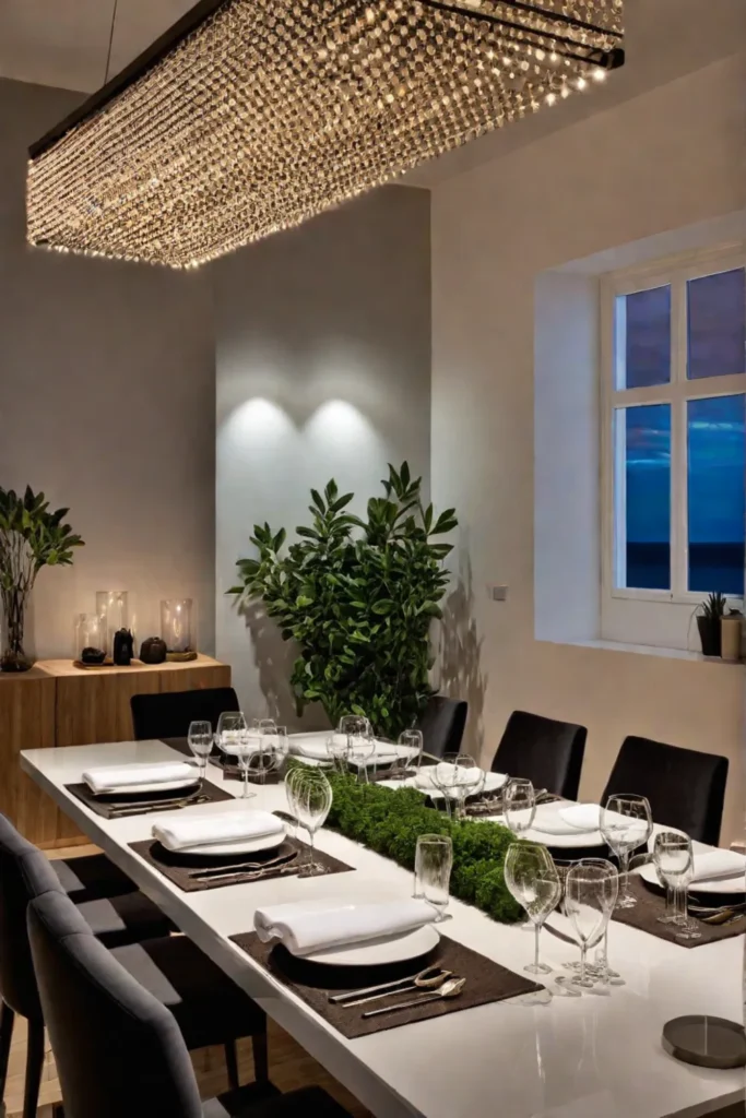 A modern dining table with strategically placed lighting elements creating a warm