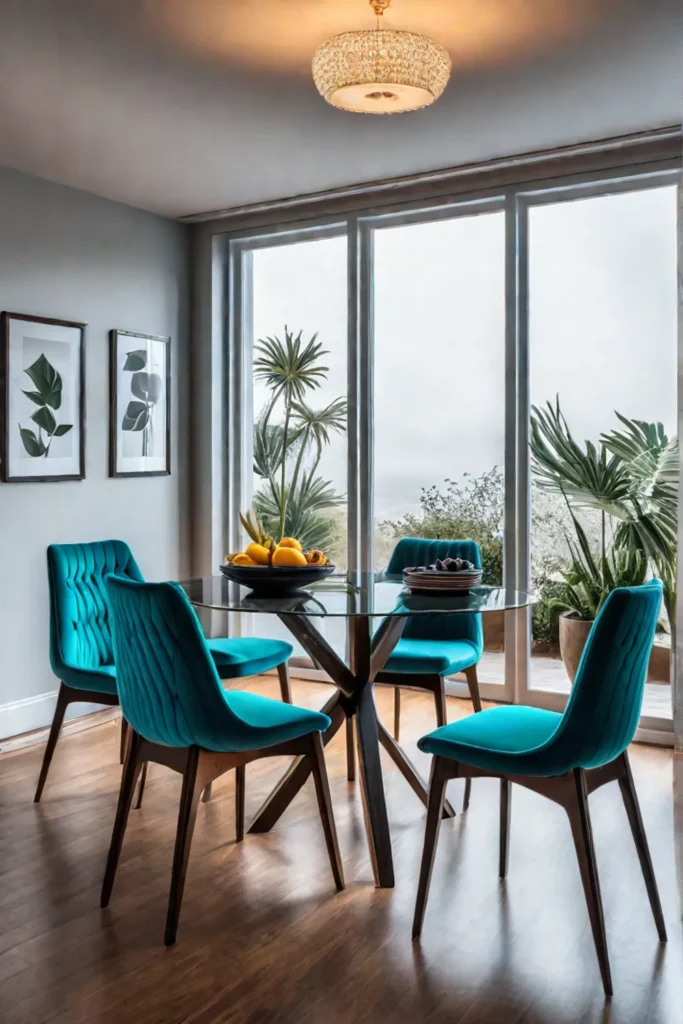 A modern eclectic dining room with a round glasstopped table and midcentury