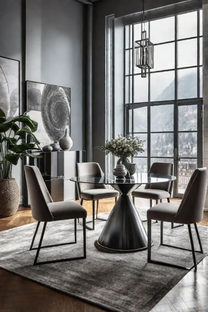A modern glasstop dining table with a unique metal base design surrounded