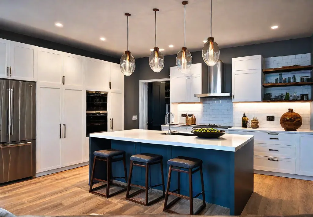 A modern kitchen with sleek pendant lights hanging over a kitchen islandfeat