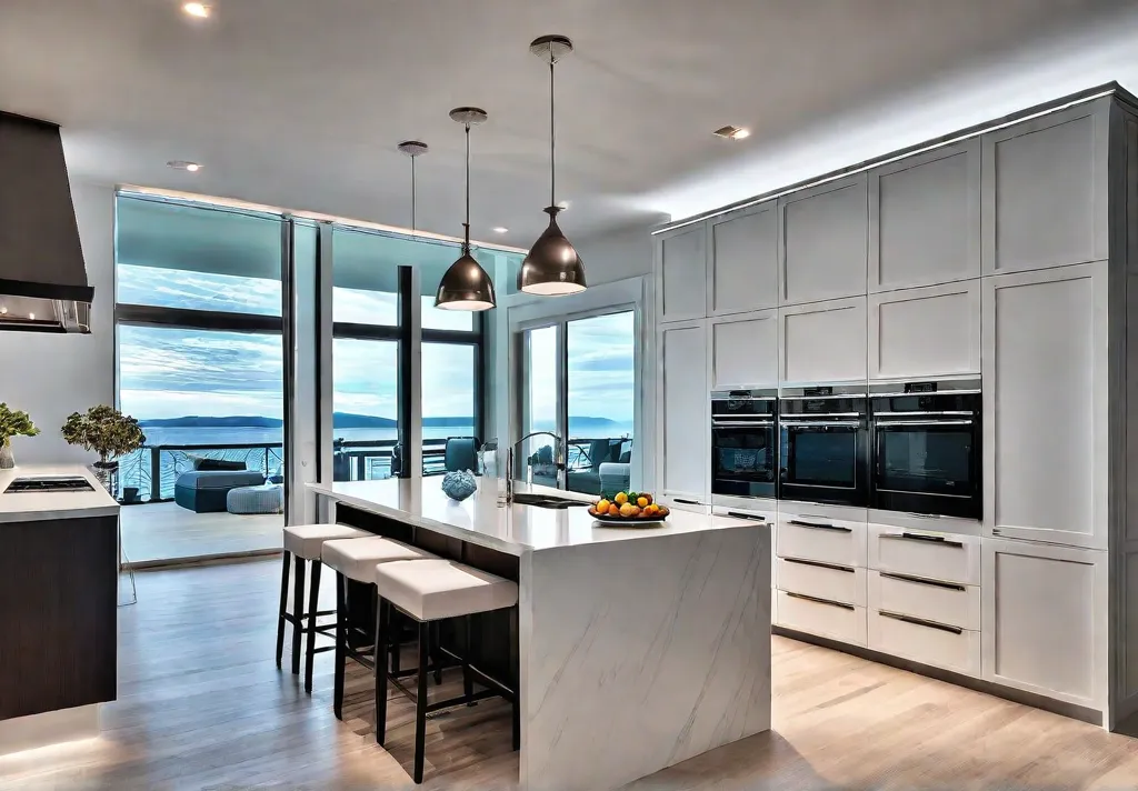 A modern kitchen with white cabinets stainless steel appliances and a largefeat