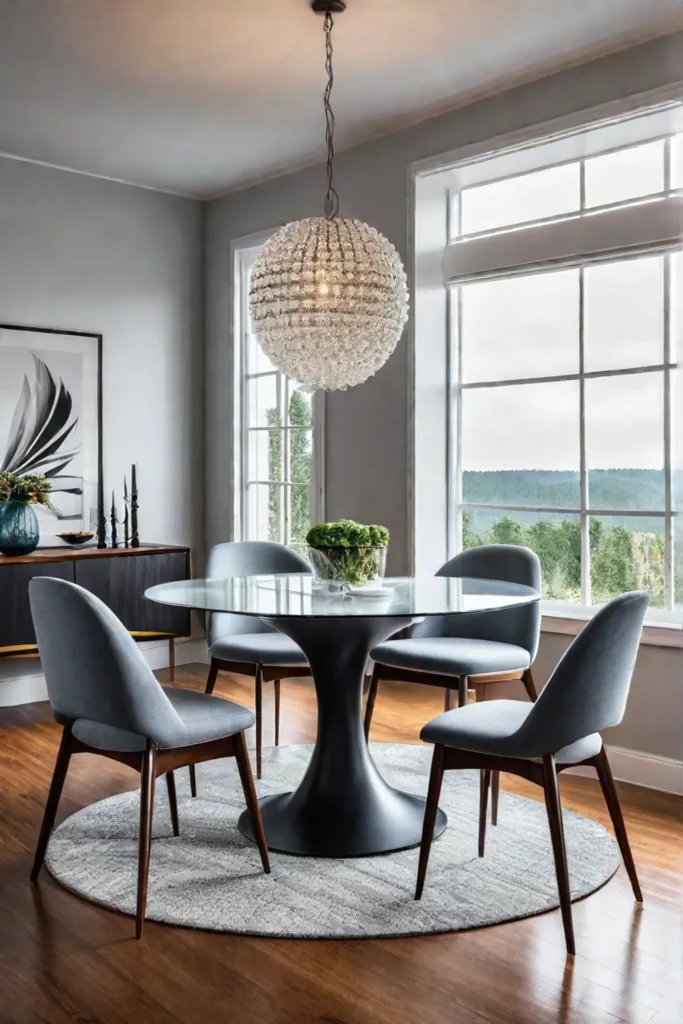 A modern minimalist dining room with a round glasstopped table and Scandinavianinspired