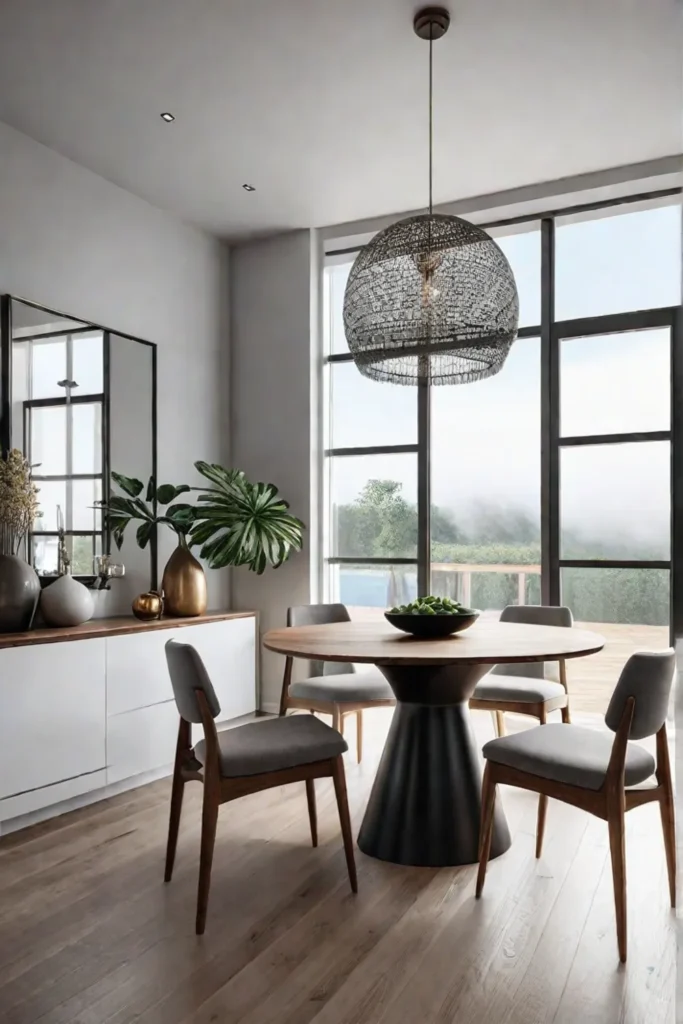 A modern minimalist dining room with a round wooden table and Scandinavianinspired