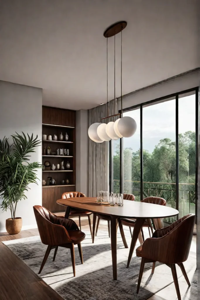 A modern openconcept dining and living area with an extendable ovalshaped walnut