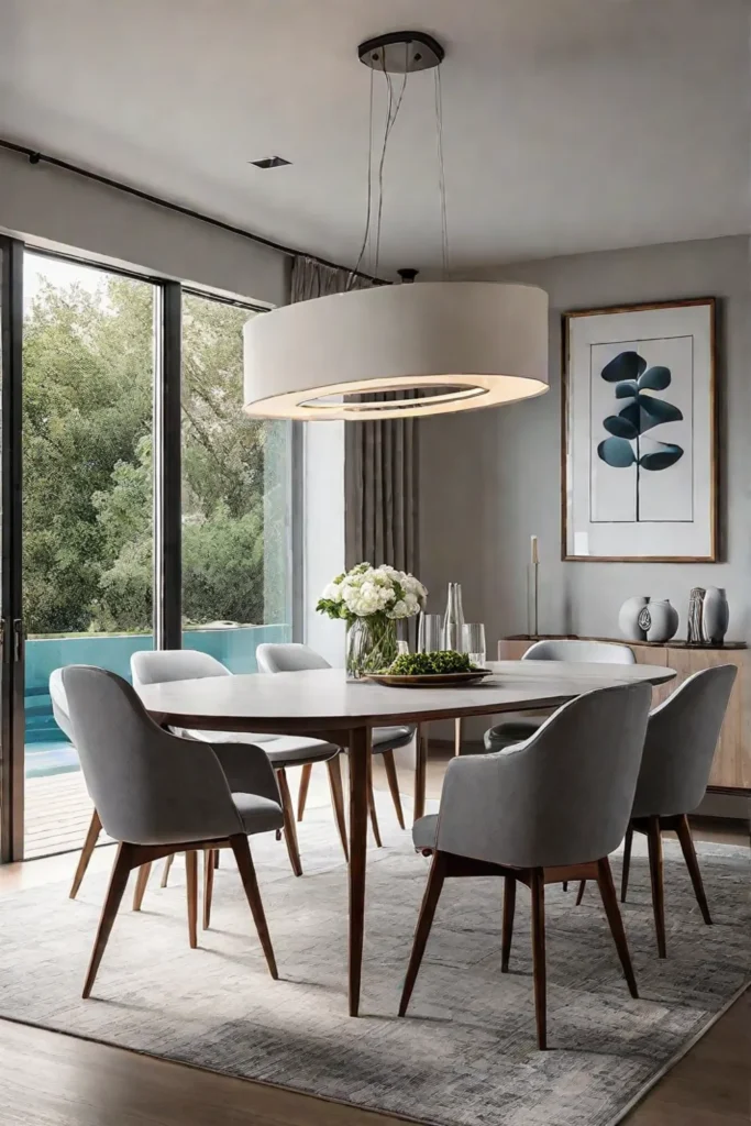 A modern oval concrete dining table with wooden legs surrounded by upholstered