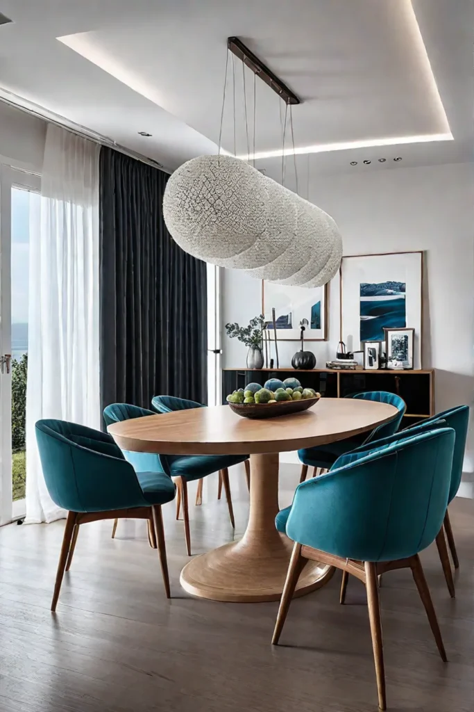 A modern oval dining table with a whitelacquered top and wooden legs