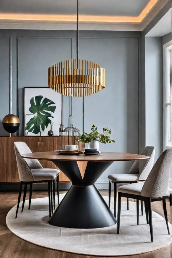 A modern ovalshaped dining table with a geometric pattern on the surface