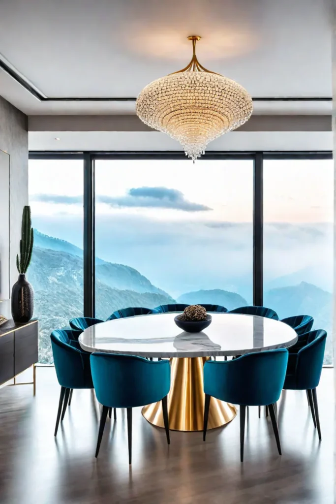 A modern ovalshaped dining table with a marblelike surface and sculptural metallic