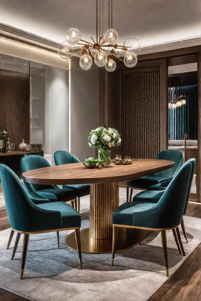 A modern ovalshaped dining table with a woodgrain top and metallic base