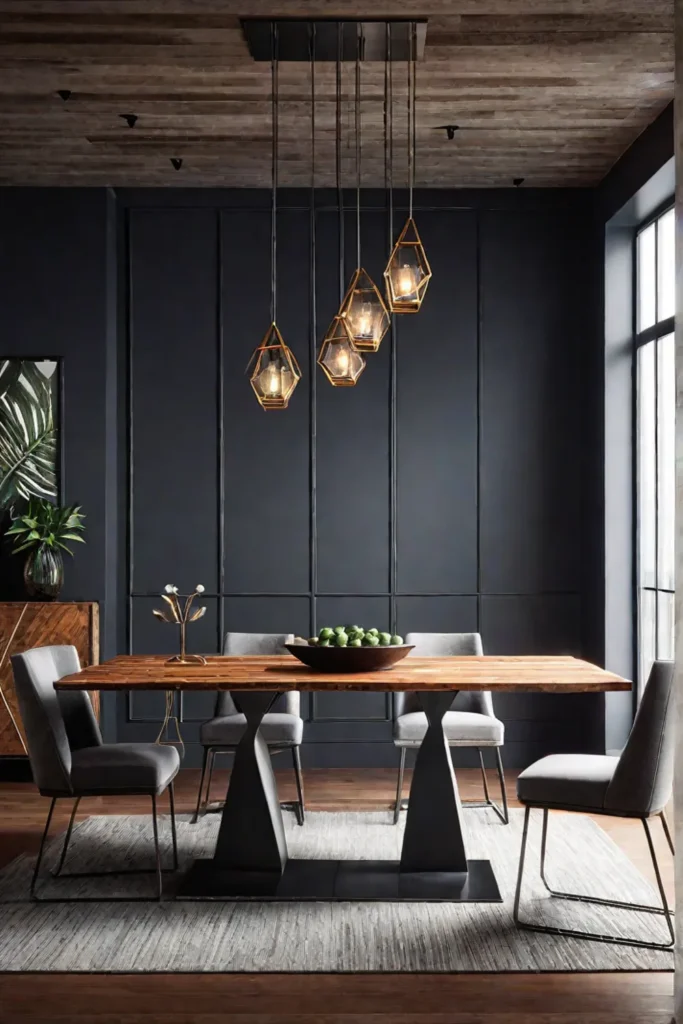 A modern rectangular dining table with a reclaimed wood top and a