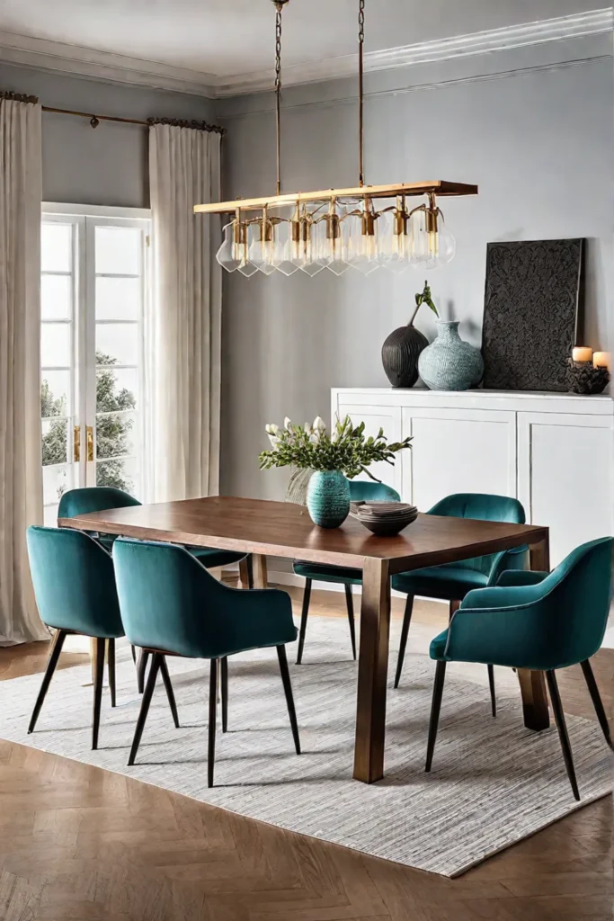 A modern rectangular dining table with a wooden top and sculptural metallic