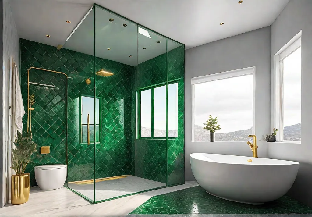 A modern shower stall with large format emerald green tiles a builtinfeat