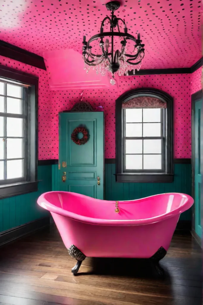 A pink clawfoot tub in a whimsical bathroom with polka dot wallpaper
