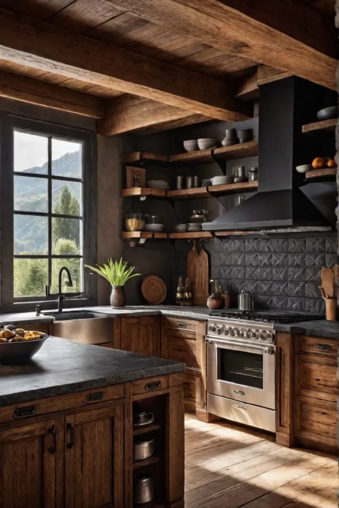 A rustic kitchen with wood cabinets granite countertops and exposed beams