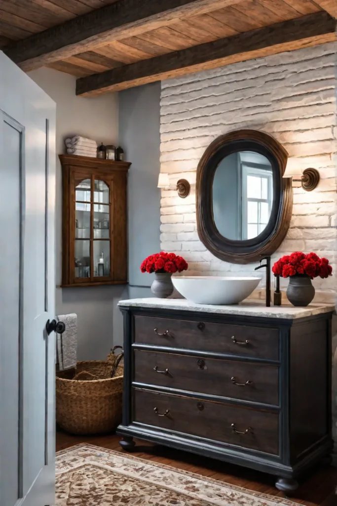 A rustic sustainable bathroom with a repurposed antique dresser and natural stone